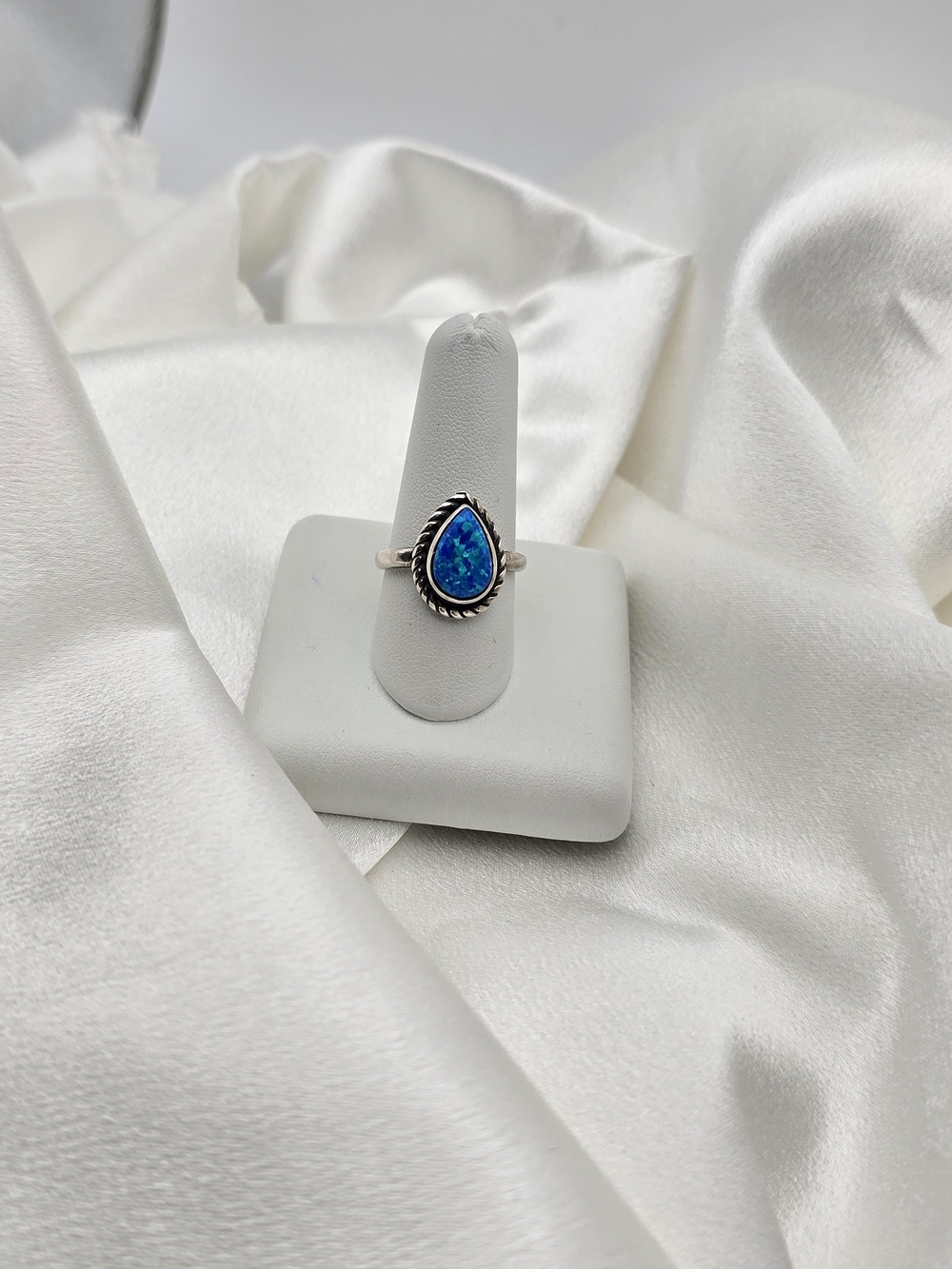 Sterling Silver 925 Blue Teardrop Created Opal Ring